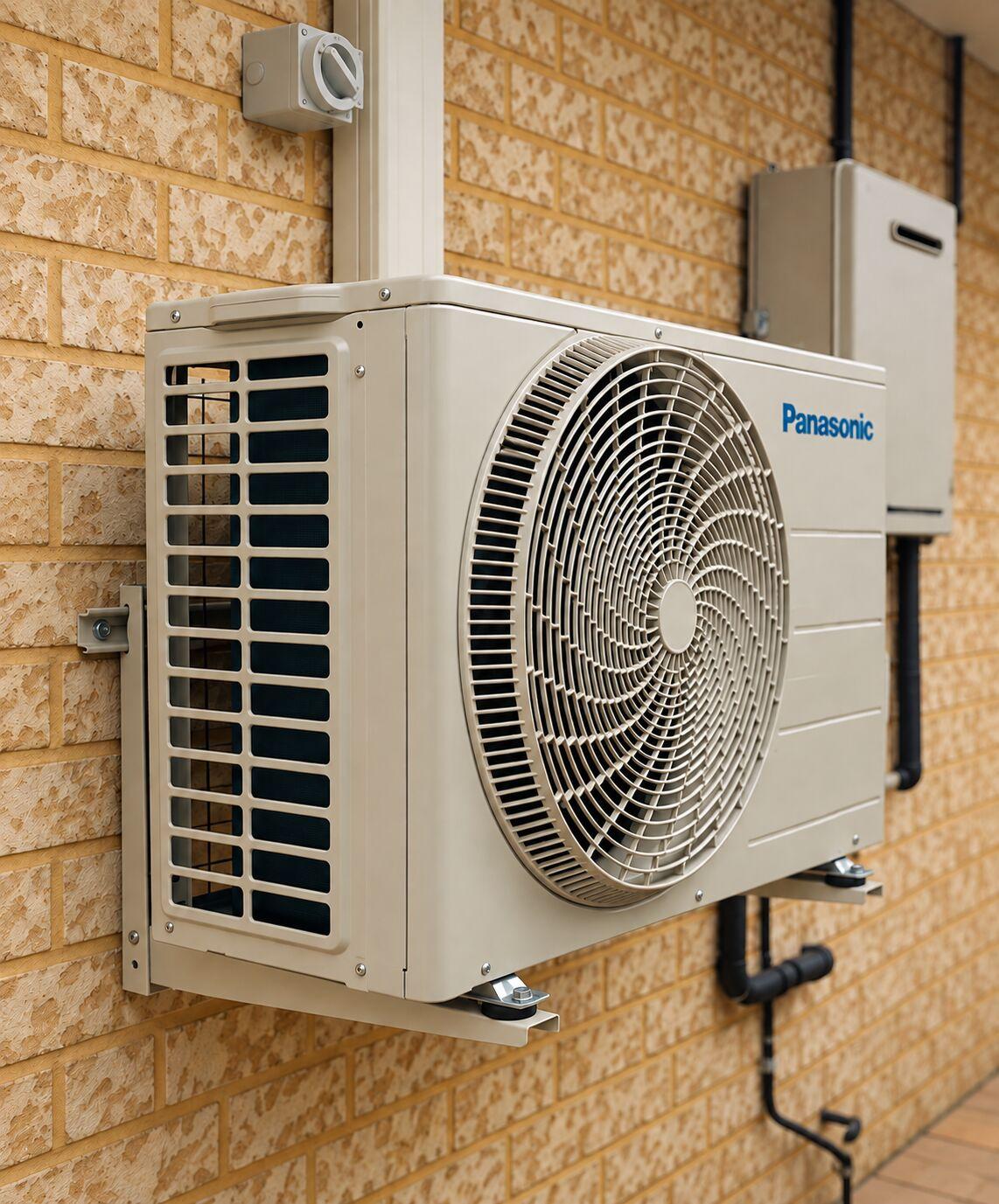 Split-system air conditioner outdoor unit with isolator, neatly wall-mounted on a brick home